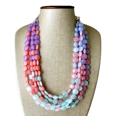Frosted Berry Breeze Statement Necklace, Chunky 5 Strand Jewelry, purple pink blue bib beaded periwinkle collar coral blush bead lavender