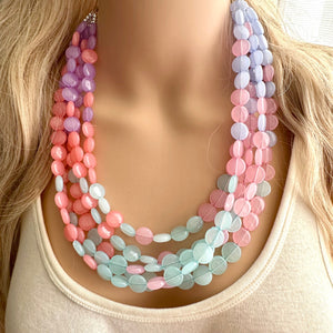 Frosted Berry Breeze Statement Necklace, Chunky 5 Strand Jewelry, purple pink blue bib beaded periwinkle collar coral blush bead lavender