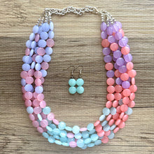 Load image into Gallery viewer, Frosted Berry Breeze Statement Necklace, Chunky 5 Strand Jewelry, purple pink blue bib beaded periwinkle collar coral blush bead lavender