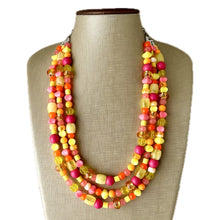 Load image into Gallery viewer, Summer’s Neon Heat Statement Necklace, chunky bib beaded jewelry, Summer pink yellow orange necklace, beaded acrylic jewelry hot pink