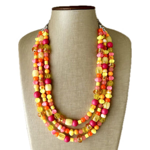 Summer’s Neon Heat Statement Necklace, chunky bib beaded jewelry, Summer pink yellow orange necklace, beaded acrylic jewelry hot pink