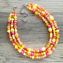 Load image into Gallery viewer, Summer’s Neon Heat Statement Necklace, chunky bib beaded jewelry, Summer pink yellow orange necklace, beaded acrylic jewelry hot pink