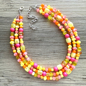 Summer’s Neon Heat Statement Necklace, chunky bib beaded jewelry, Summer pink yellow orange necklace, beaded acrylic jewelry hot pink