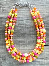 Load image into Gallery viewer, Summer’s Neon Heat Statement Necklace, chunky bib beaded jewelry, Summer pink yellow orange necklace, beaded acrylic jewelry hot pink