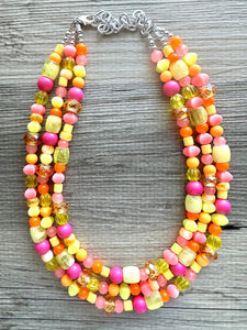 Summer’s Neon Heat Statement Necklace, chunky bib beaded jewelry, Summer pink yellow orange necklace, beaded acrylic jewelry hot pink