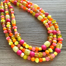 Load image into Gallery viewer, Summer’s Neon Heat Statement Necklace, chunky bib beaded jewelry, Summer pink yellow orange necklace, beaded acrylic jewelry hot pink