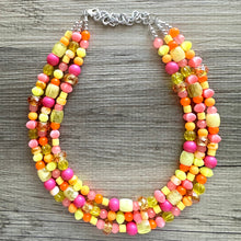 Load image into Gallery viewer, Summer’s Neon Heat Statement Necklace, chunky bib beaded jewelry, Summer pink yellow orange necklace, beaded acrylic jewelry hot pink