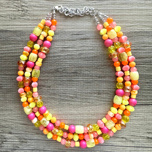 Summer’s Neon Heat Statement Necklace, chunky bib beaded jewelry, Summer pink yellow orange necklace, beaded acrylic jewelry hot pink