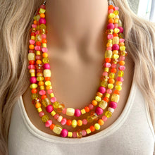 Load image into Gallery viewer, Summer’s Neon Heat Statement Necklace, chunky bib beaded jewelry, Summer pink yellow orange necklace, beaded acrylic jewelry hot pink