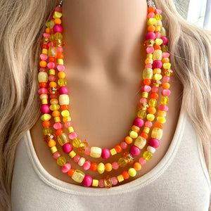 Summer’s Neon Heat Statement Necklace, chunky bib beaded jewelry, Summer pink yellow orange necklace, beaded acrylic jewelry hot pink