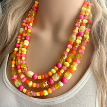 Load image into Gallery viewer, Summer’s Neon Heat Statement Necklace, chunky bib beaded jewelry, Summer pink yellow orange necklace, beaded acrylic jewelry hot pink