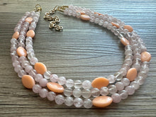 Load image into Gallery viewer, Rose Quartz &amp; Cantelope statement necklace, chunky bib beaded jewelry soft blush pink necklace, multi strand cream peach 3 strand glass