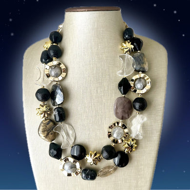 Crescent Moon Celestial Beaded necklace, shiny gold black silver statement necklace, moon stars everyday metal chunky moon phase witch
