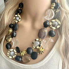 Load image into Gallery viewer, Crescent Moon Celestial Beaded necklace, shiny gold black silver statement necklace, moon stars everyday metal chunky moon phase witch