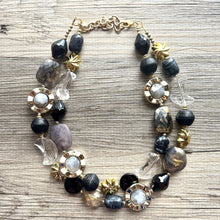Load image into Gallery viewer, Crescent Moon Celestial Beaded necklace, shiny gold black silver statement necklace, moon stars everyday metal chunky moon phase witch
