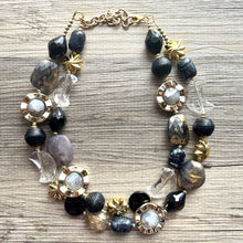 Load image into Gallery viewer, Crescent Moon Celestial Beaded necklace, shiny gold black silver statement necklace, moon stars everyday metal chunky moon phase witch