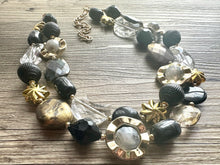 Load image into Gallery viewer, Crescent Moon Celestial Beaded necklace, shiny gold black silver statement necklace, moon stars everyday metal chunky moon phase witch