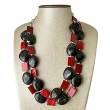 Load image into Gallery viewer, Black &amp; Red Animal Print Statement Necklace, Extra chunky 2 strand jewelry, Geometric Beaded Jewelry, red bib shell necklace snakeskin swirl