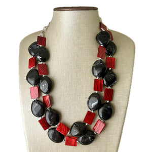 Black & Red Animal Print Statement Necklace, Extra chunky 2 strand jewelry, Geometric Beaded Jewelry, red bib shell necklace snakeskin swirl