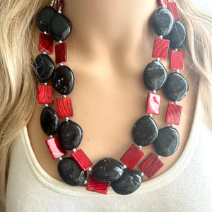 Black & Red Animal Print Statement Necklace, Extra chunky 2 strand jewelry, Geometric Beaded Jewelry, red bib shell necklace snakeskin swirl