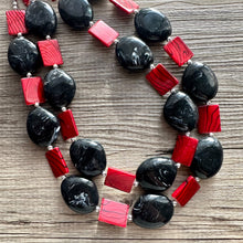 Load image into Gallery viewer, Black &amp; Red Animal Print Statement Necklace, Extra chunky 2 strand jewelry, Geometric Beaded Jewelry, red bib shell necklace snakeskin swirl