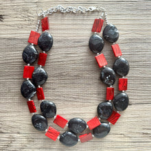 Load image into Gallery viewer, Black &amp; Red Animal Print Statement Necklace, Extra chunky 2 strand jewelry, Geometric Beaded Jewelry, red bib shell necklace snakeskin swirl