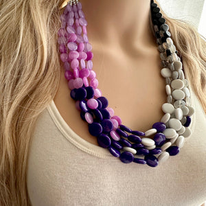 Purple Ombré statement necklace, chunky bib necklace, beaded jewelry lavender necklace, 5 strand gray white black jewelry eggplant lavender