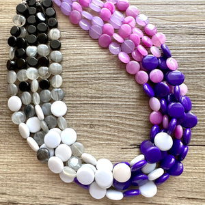 Purple Ombré statement necklace, chunky bib necklace, beaded jewelry lavender necklace, 5 strand gray white black jewelry eggplant lavender