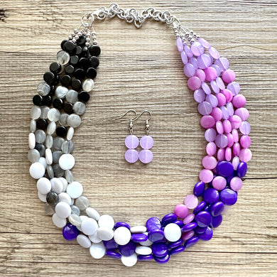 Purple Ombré statement necklace, chunky bib necklace, beaded jewelry lavender necklace, 5 strand gray white black jewelry eggplant lavender