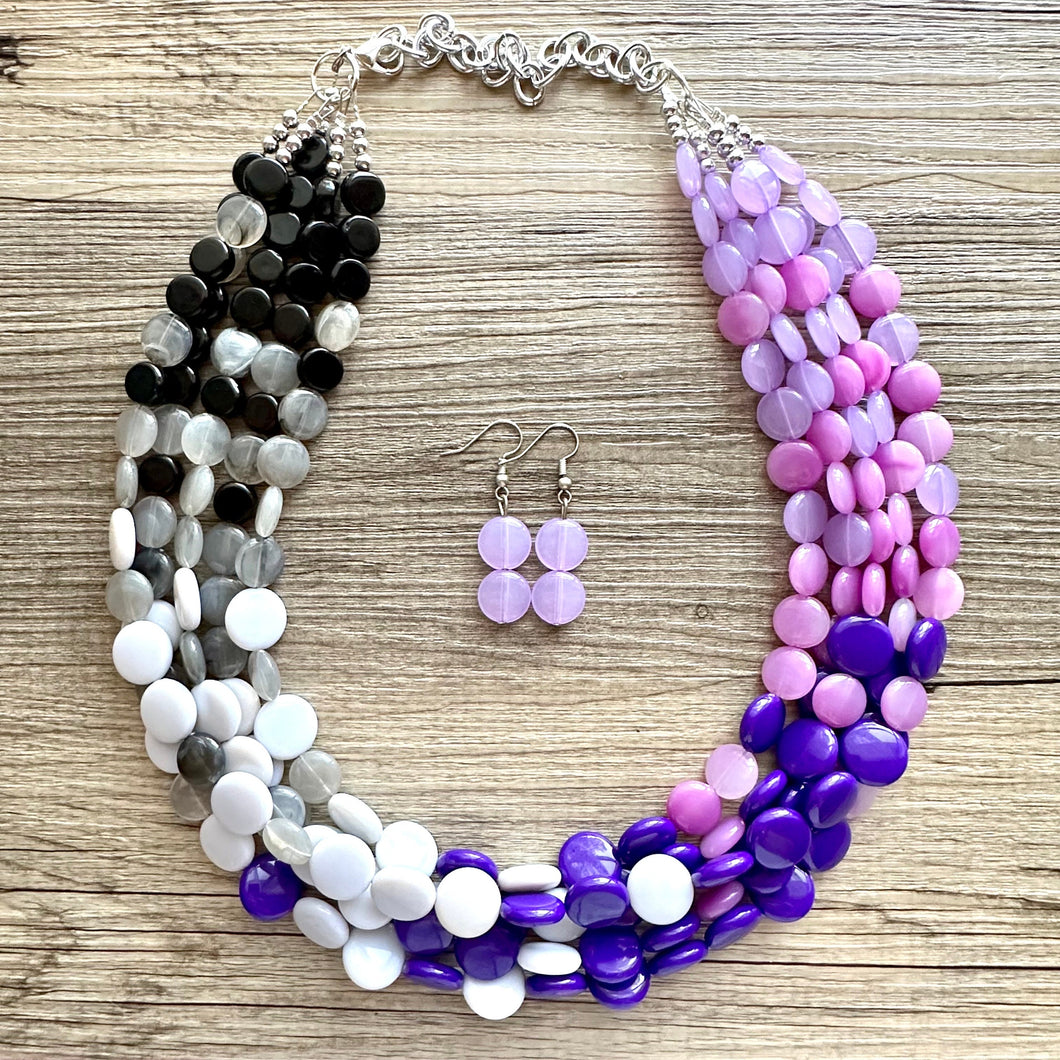 Purple Ombré statement necklace, chunky bib necklace, beaded jewelry lavender necklace, 5 strand gray white black jewelry eggplant lavender