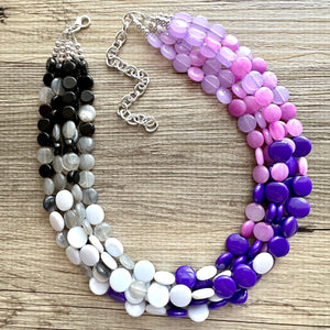 Purple Ombré statement necklace, chunky bib necklace, beaded jewelry lavender necklace, 5 strand gray white black jewelry eggplant lavender