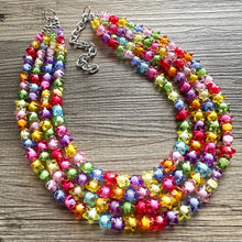 Load image into Gallery viewer, Rainbow Stars Statement Necklace, Chunky 5 Strand Jewelry, Colorful Day jewelry, chunky rainbow resin bib beaded necklace colorful