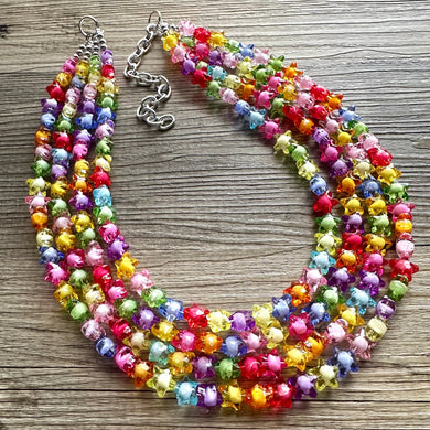 Rainbow Stars Statement Necklace, Chunky 5 Strand Jewelry, Colorful Day jewelry, chunky rainbow resin bib beaded necklace colorful