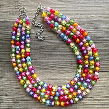 Load image into Gallery viewer, Rainbow Stars Statement Necklace, Chunky 5 Strand Jewelry, Colorful Day jewelry, chunky rainbow resin bib beaded necklace colorful
