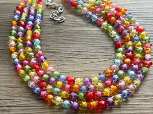 Rainbow Stars Statement Necklace, Chunky 5 Strand Jewelry, Colorful Day jewelry, chunky rainbow resin bib beaded necklace colorful
