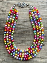 Load image into Gallery viewer, Rainbow Stars Statement Necklace, Chunky 5 Strand Jewelry, Colorful Day jewelry, chunky rainbow resin bib beaded necklace colorful