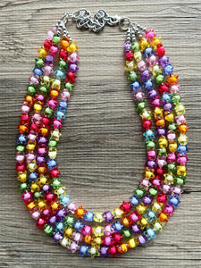 Rainbow Stars Statement Necklace, Chunky 5 Strand Jewelry, Colorful Day jewelry, chunky rainbow resin bib beaded necklace colorful