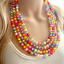 Load image into Gallery viewer, Rainbow Stars Statement Necklace, Chunky 5 Strand Jewelry, Colorful Day jewelry, chunky rainbow resin bib beaded necklace colorful