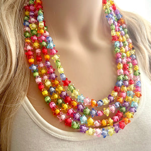 Rainbow Stars Statement Necklace, Chunky 5 Strand Jewelry, Colorful Day jewelry, chunky rainbow resin bib beaded necklace colorful