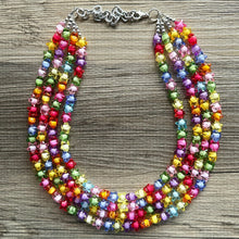 Load image into Gallery viewer, Rainbow Stars Statement Necklace, Chunky 5 Strand Jewelry, Colorful Day jewelry, chunky rainbow resin bib beaded necklace colorful