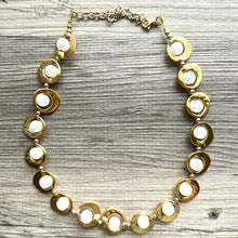 Load image into Gallery viewer, Pearl &amp; Gold Chunky Statement Necklace, 1 Strand Beaded Jewelry golden jewelry, bridesmaid wedding bib rose gold white pearl single