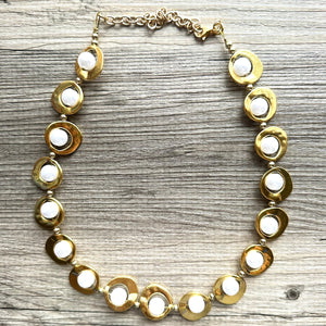 Pearl & Gold Chunky Statement Necklace, 1 Strand Beaded Jewelry golden jewelry, bridesmaid wedding bib rose gold white pearl single