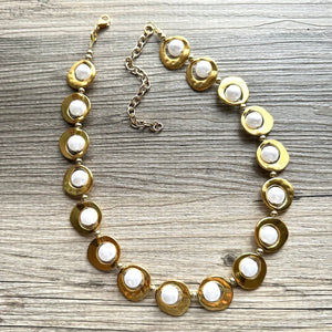 Pearl & Gold Chunky Statement Necklace, 1 Strand Beaded Jewelry golden jewelry, bridesmaid wedding bib rose gold white pearl single