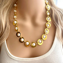 Load image into Gallery viewer, Pearl &amp; Gold Chunky Statement Necklace, 1 Strand Beaded Jewelry golden jewelry, bridesmaid wedding bib rose gold white pearl single