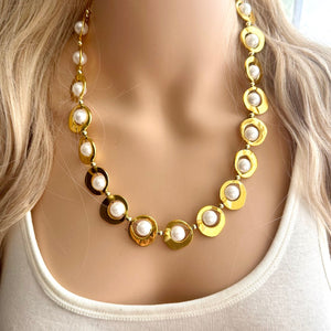 Pearl & Gold Chunky Statement Necklace, 1 Strand Beaded Jewelry golden jewelry, bridesmaid wedding bib rose gold white pearl single