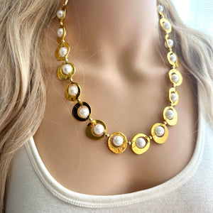 Pearl & Gold Chunky Statement Necklace, 1 Strand Beaded Jewelry golden jewelry, bridesmaid wedding bib rose gold white pearl single