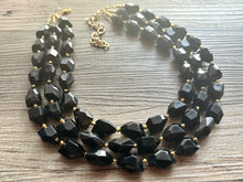 Load image into Gallery viewer, Black &amp; Gold Gala Necklace, 3 strand gold jewelry, big beaded chunky statement necklace, black nugget necklace, gold jewelry earring