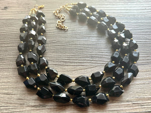 Black & Gold Gala Necklace, 3 strand gold jewelry, big beaded chunky statement necklace, black nugget necklace, gold jewelry earring