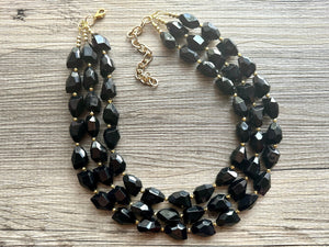 Black & Gold Gala Necklace, 3 strand gold jewelry, big beaded chunky statement necklace, black nugget necklace, gold jewelry earring