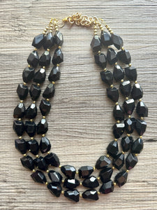 Black & Gold Gala Necklace, 3 strand gold jewelry, big beaded chunky statement necklace, black nugget necklace, gold jewelry earring